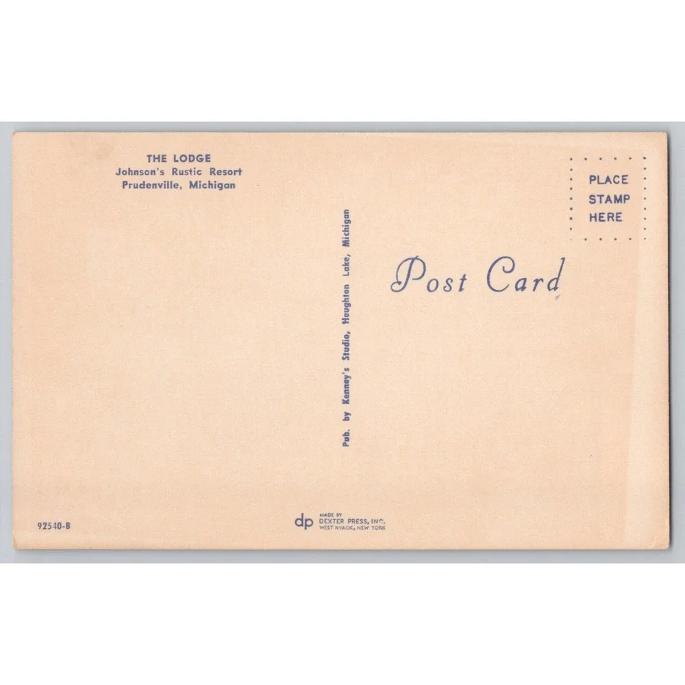 POSTCARD Prudenville Michigan The Lodge at Johnson's Rustic Resort Left‎ c1950s